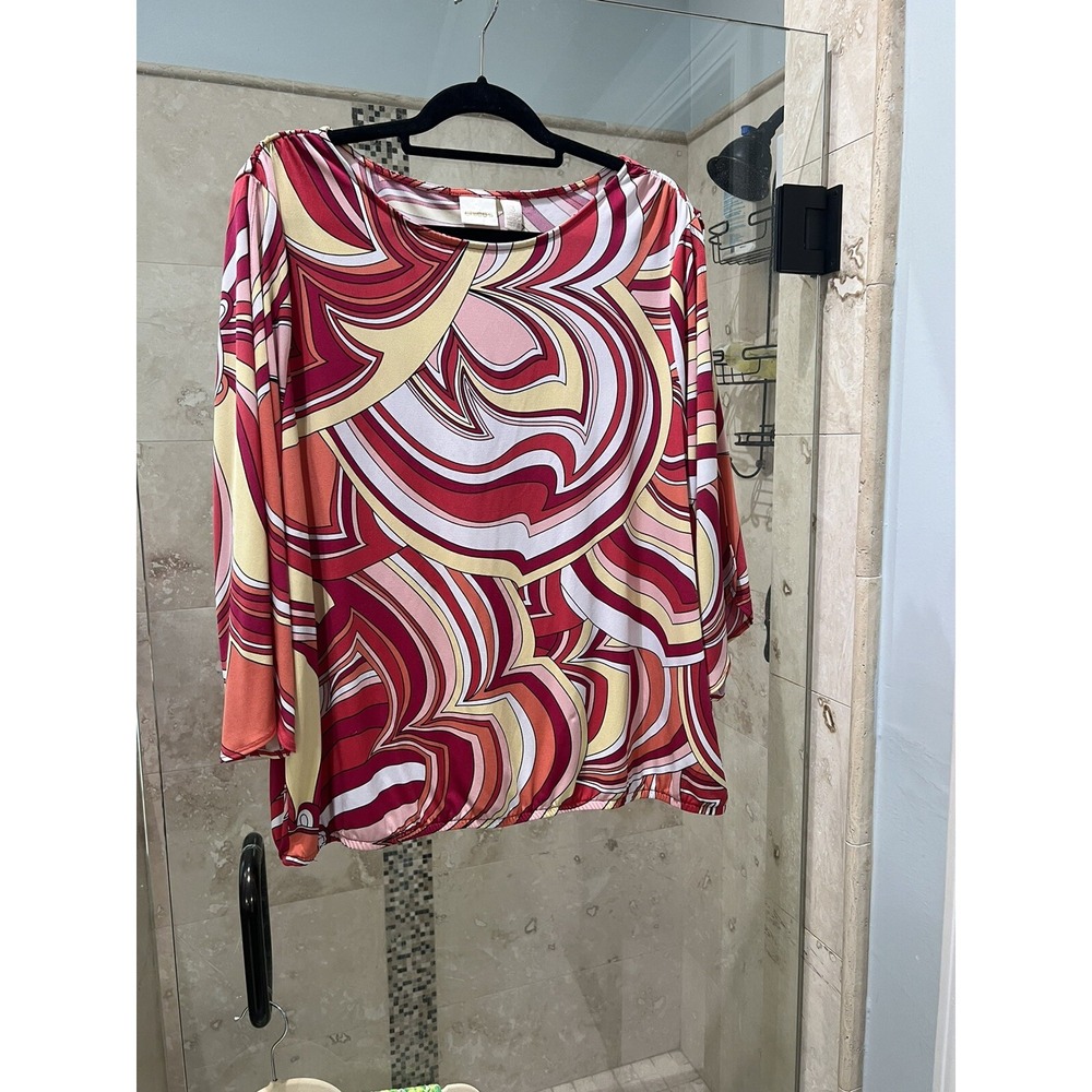 Chico’s Top Tunic V-Neck Art Deco Orange Pink Split Sleeve Stretch 3/XL Jersey